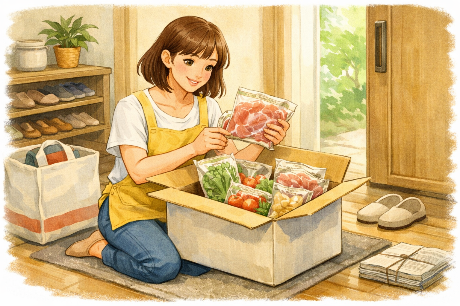 玄関で箱を受け取る