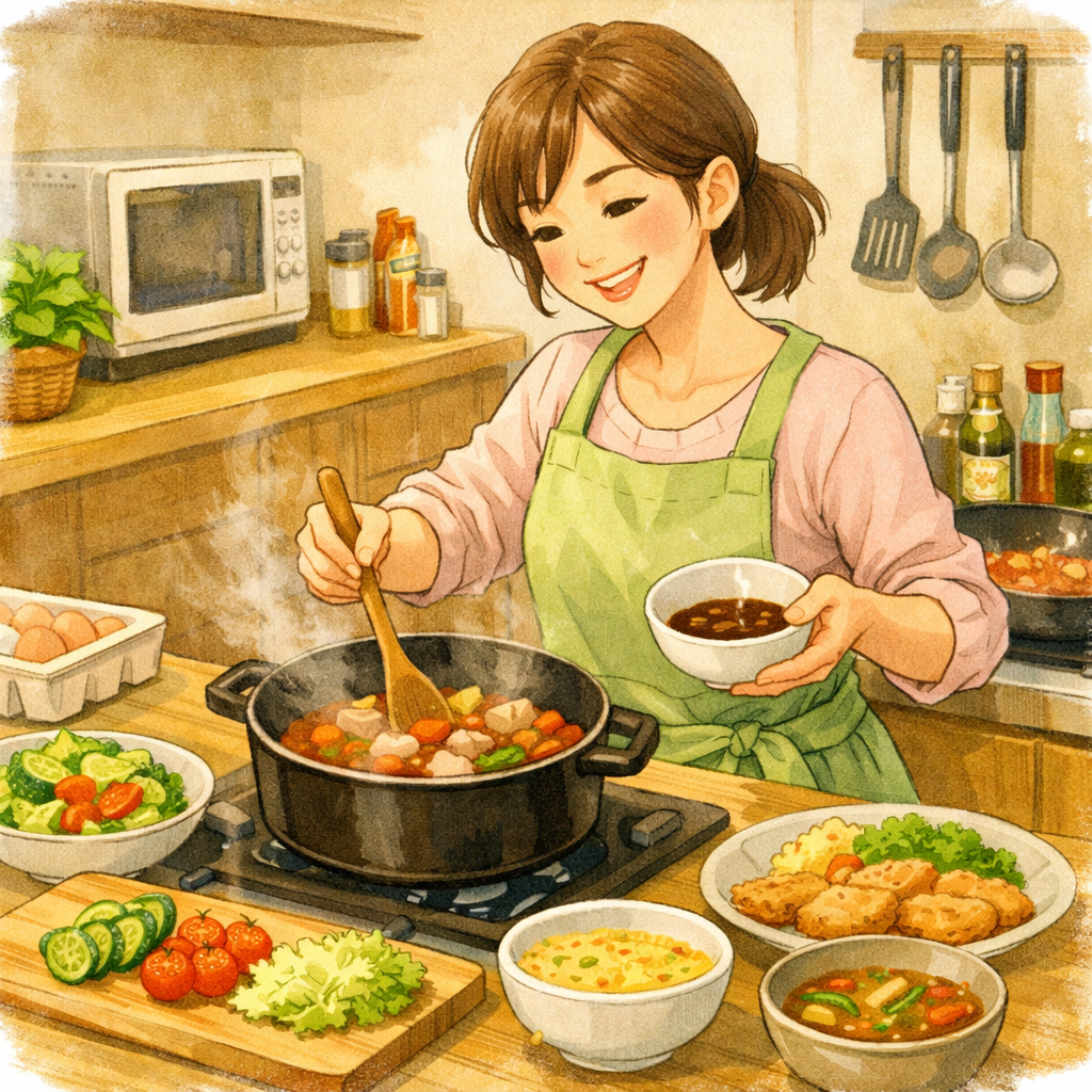 ミールキットで料理する女性