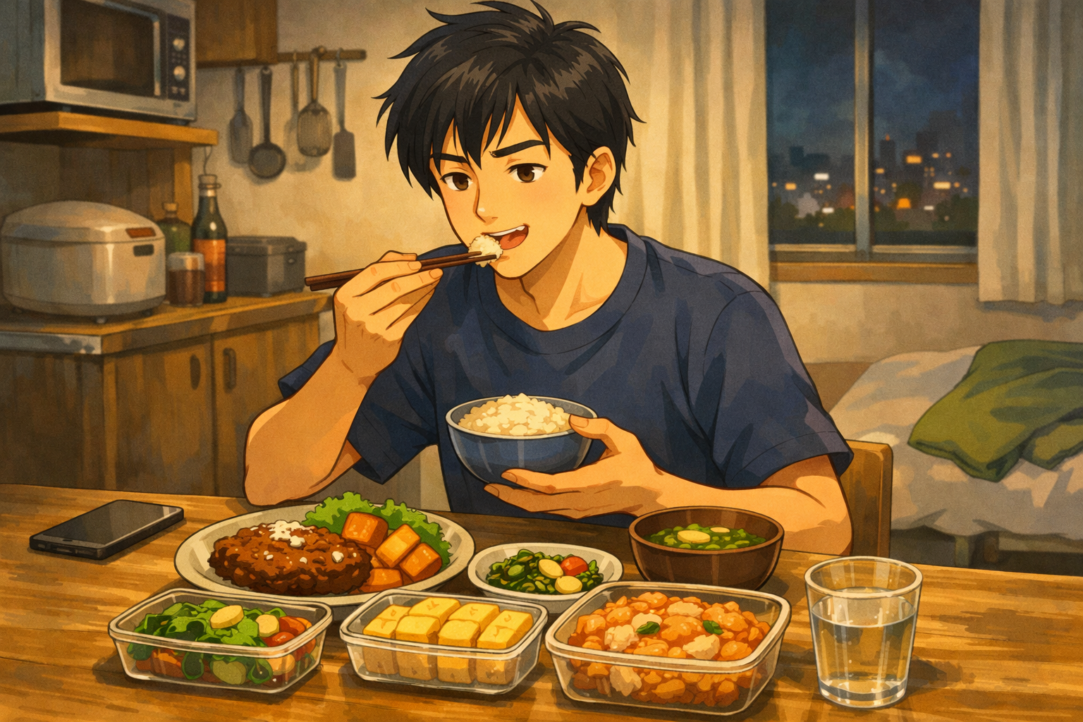 一人暮らしの男性が宅食を食べるイメージ