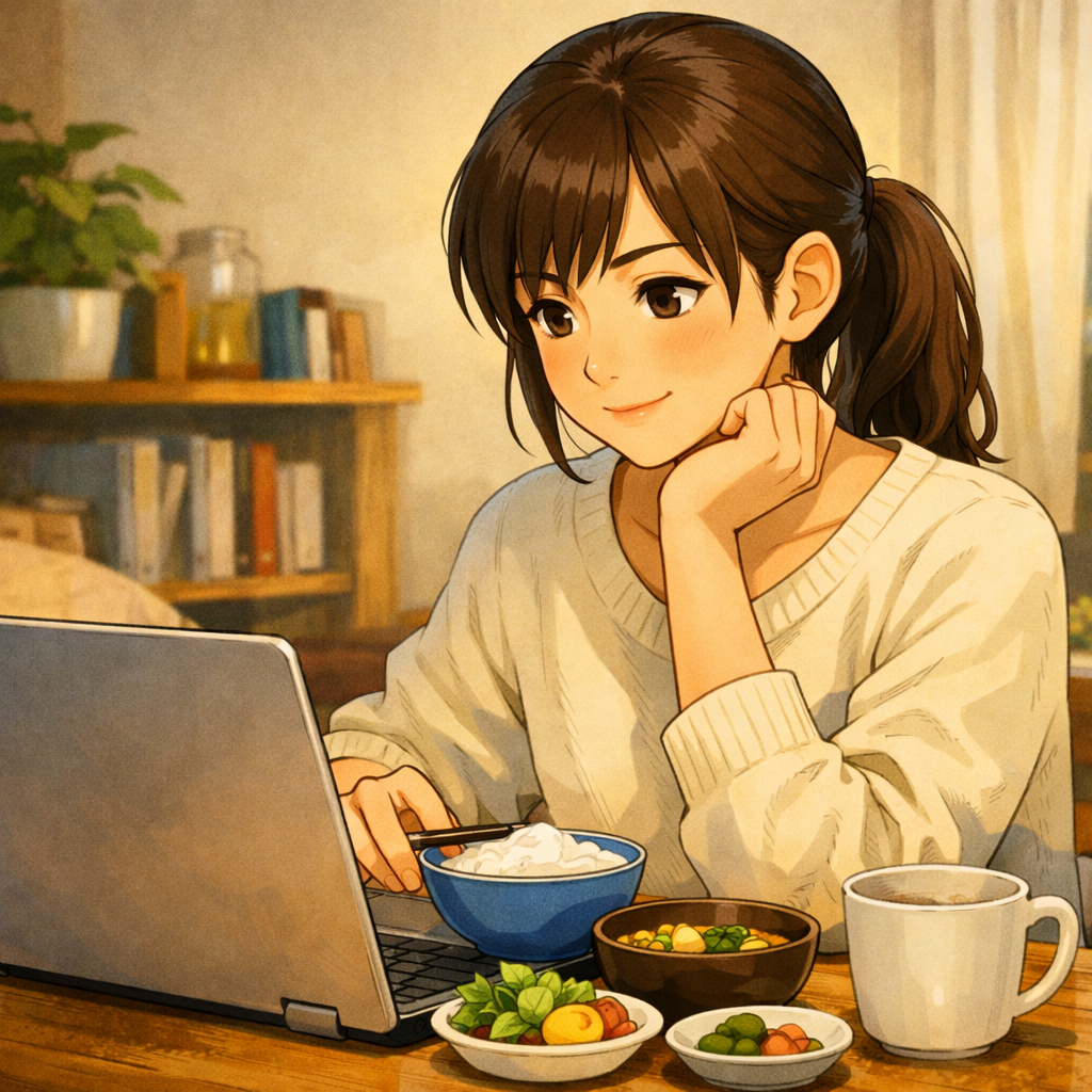 女性が一人でパソコンと食事を楽しむイメージ