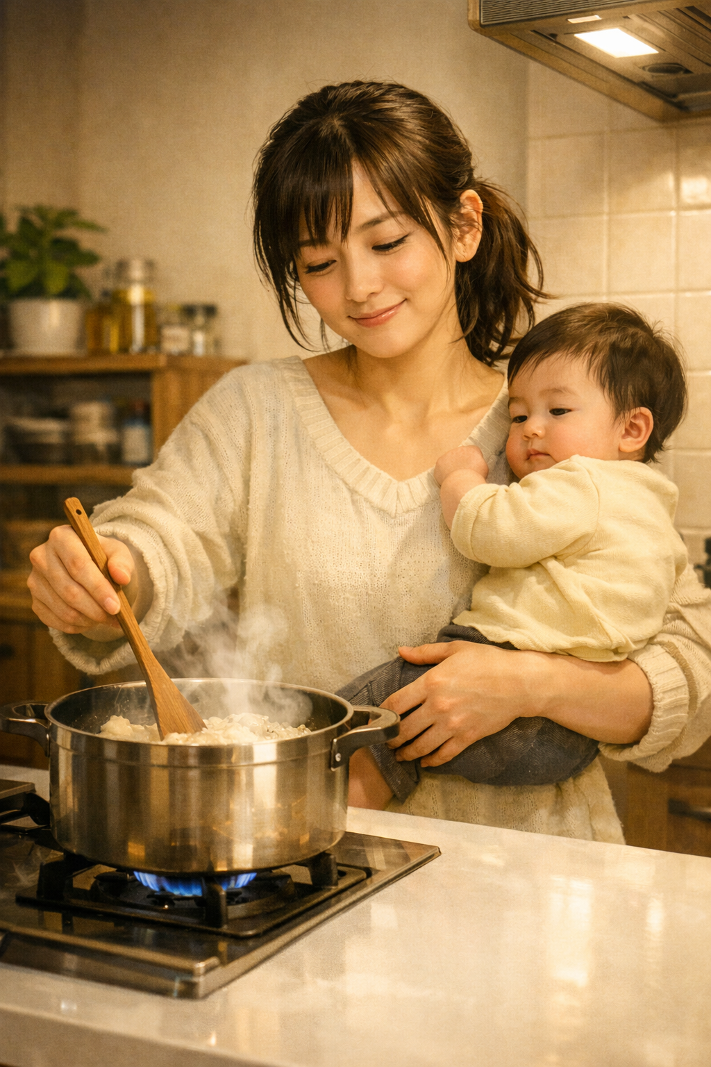 赤ちゃんを抱っこしながら料理するママのイメージ