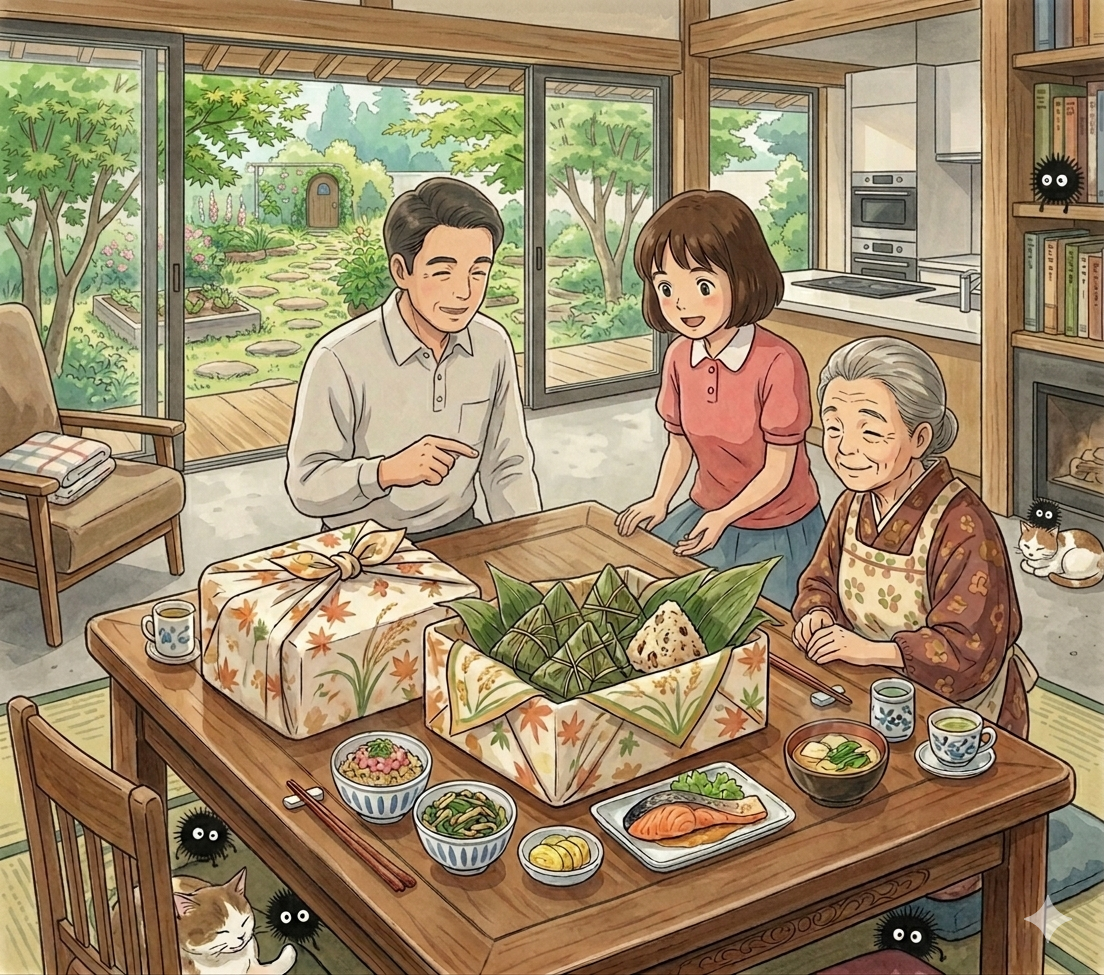 家族みんなで宅配ギフトを開けて喜ぶイメージ